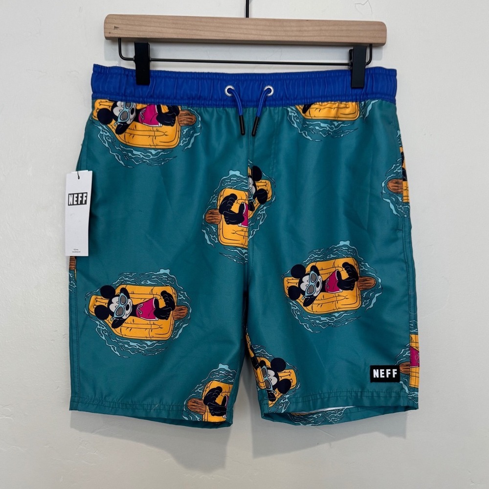 NWT Neff Disney Mickey Mouse Mens Swim Trunks Teal Blue Graphic Board Shorts XL